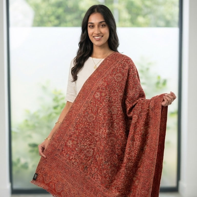 A woman modeling a rust-orange patterned shawl with fringe, worn over a white t-shirt and blue jeans in a bright indoor setting.