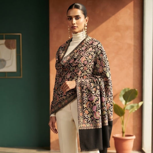 A woman models a black and brown floral embroidered shawl draped over her shoulders, paired with white trousers and white heels in an indoor setting with a terracotta wall and potted plant.
