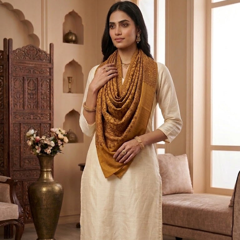 A woman models a cream-colored kurta set with a draped mustard-gold patterned shawl in a warm, traditional Indian living room setting.
