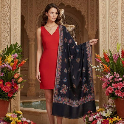 Woman in a red dress holding a dark blue floral shawl in a decorative setting with flowers and architecture.