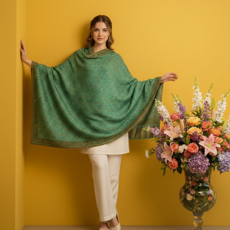 Woman wearing a green shawl against a yellow wall with a floral arrangement.