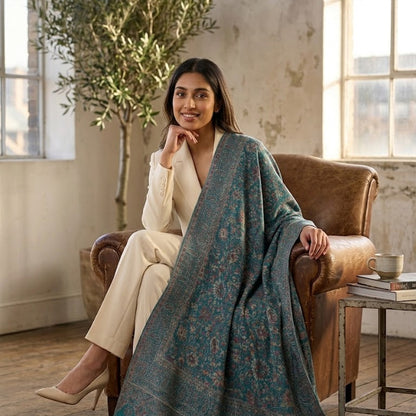 A woman sits in a brown leather armchair in a rustic room, wearing a cream outfit and draped in a large teal blue patterned shawl. A small side table with a teacup is beside her.