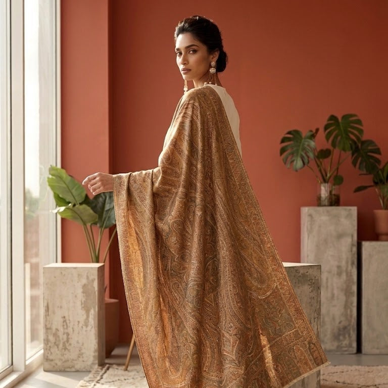 A woman wearing a flowing beige and brown patterned shawl or wrap over a white top, standing in a modern room with terracotta walls, potted plants, and a window.