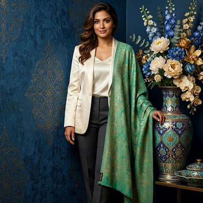 Woman in formal attire with a green shawl standing next to decorative vases against a blue wall.