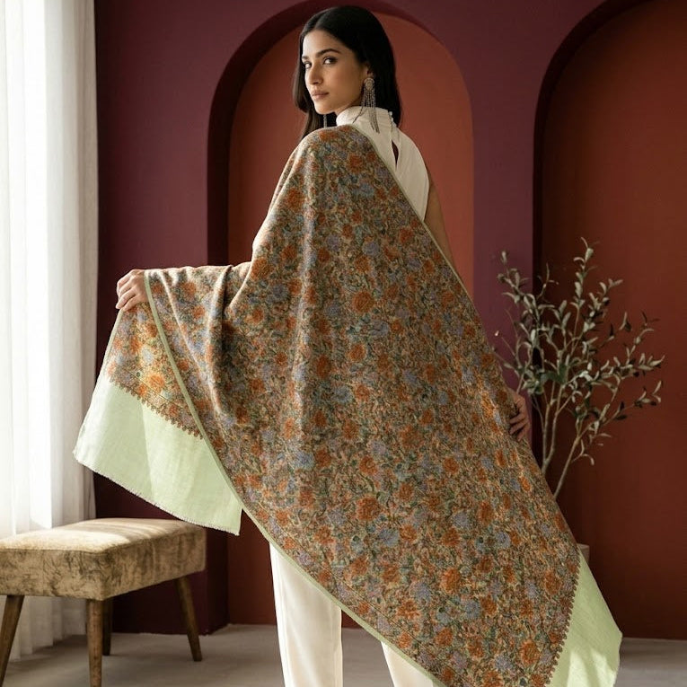 Sage Green Sozni Wool Shawl - Floral Jaal Embroidered Wrap for Occasion Wear