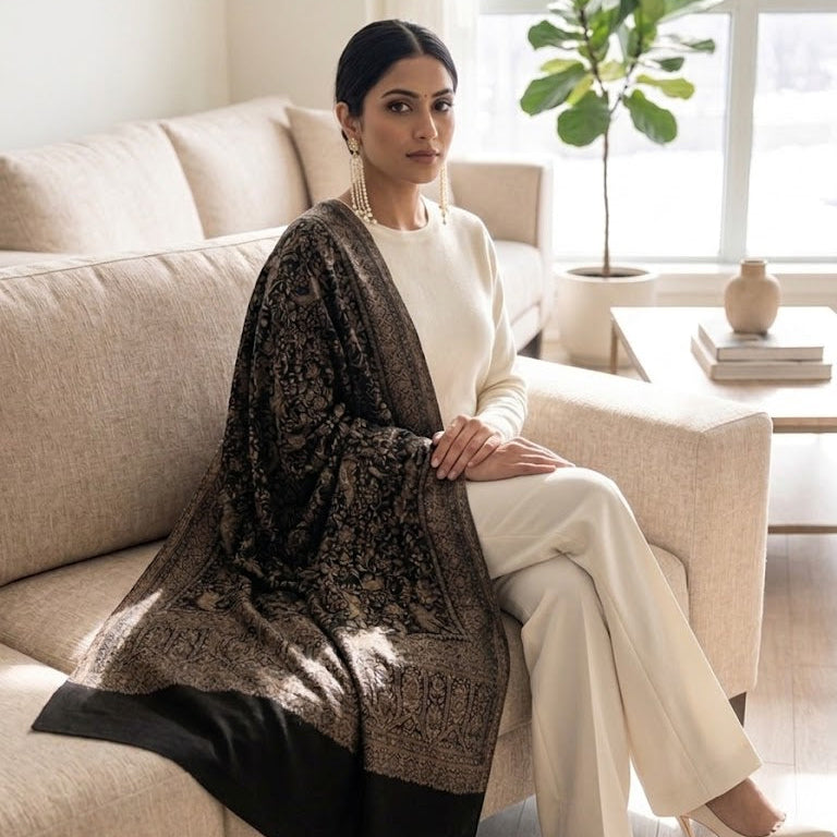 A woman sits on a beige sofa in a bright living room, wearing a cream-colored outfit and a dark brown patterned shawl with a solid black border.