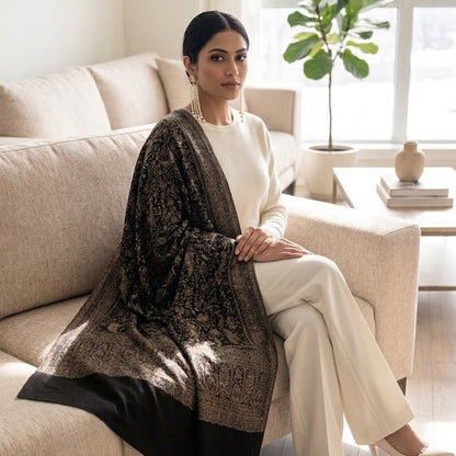 A woman sits on a beige sofa in a bright living room, wearing a cream-colored outfit and a dark brown patterned shawl with a solid black border.