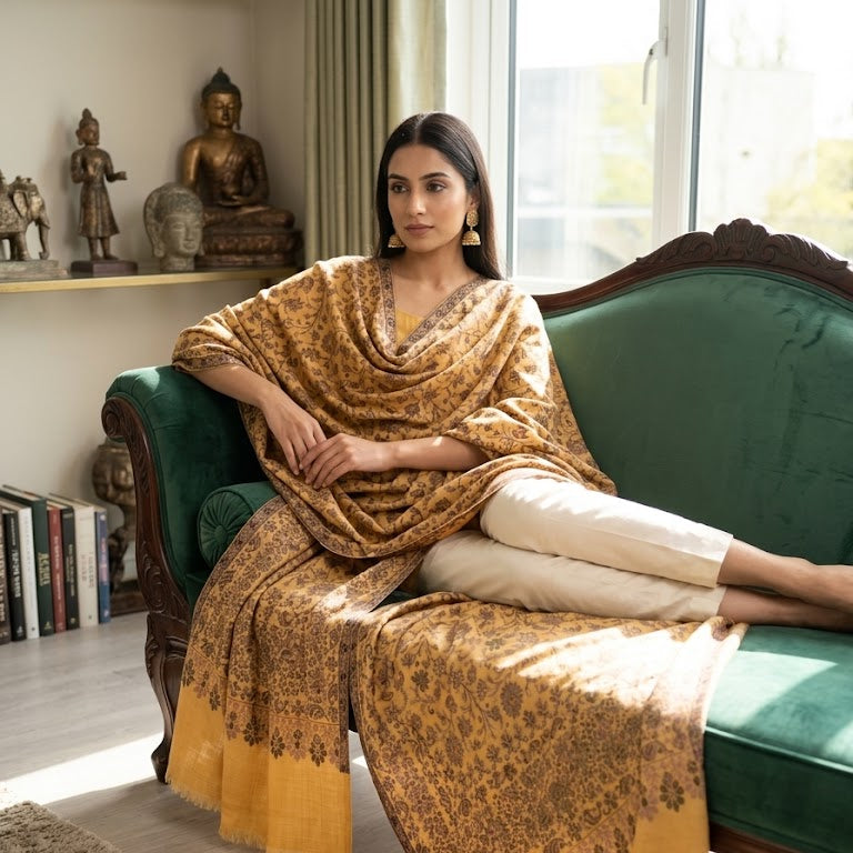 A woman sits on a green velvet sofa in a sunlit living room, draped in a mustard yellow and brown patterned shawl or scarf with cream pants. The room has a green sofa, a rug, books, and decorative Buddha statues.