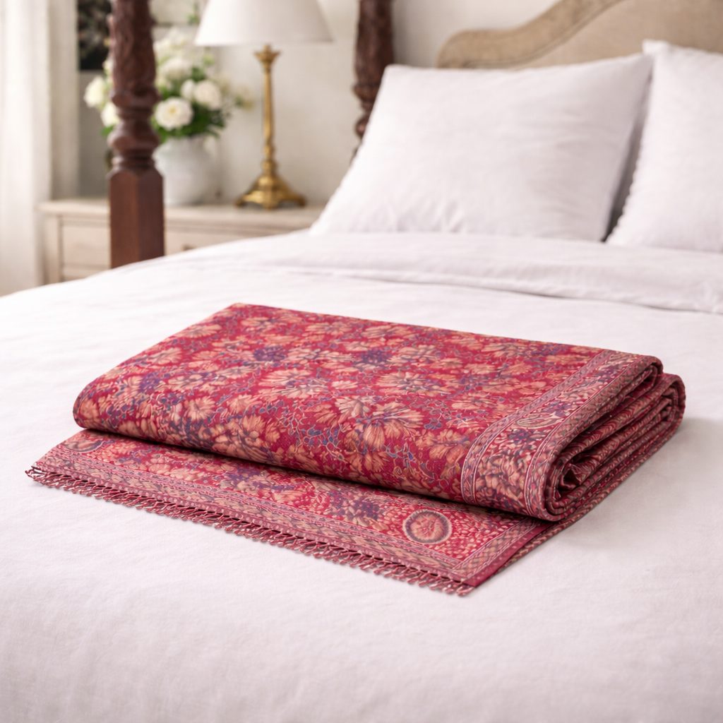 Kani Shawl in maroon on a bed