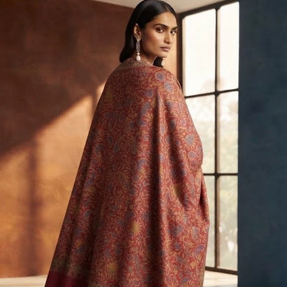 A woman stands in a studio wearing a draped shawl or wrap in rust red and orange with an intricate paisley pattern, paired with white pants and heels.