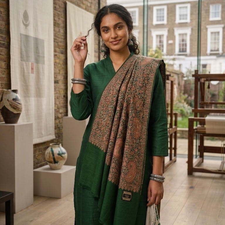 A woman wearing a dark green kurta and a brown patterned shawl draped over her shoulder, standing in a modern indoor studio or gallery with brick walls, large windows, and furniture visible in the background.