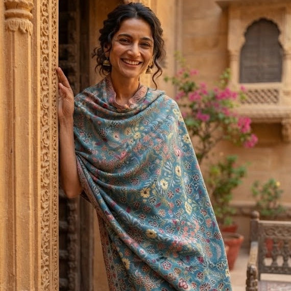 Peacock Blue Stole in Kani Weave