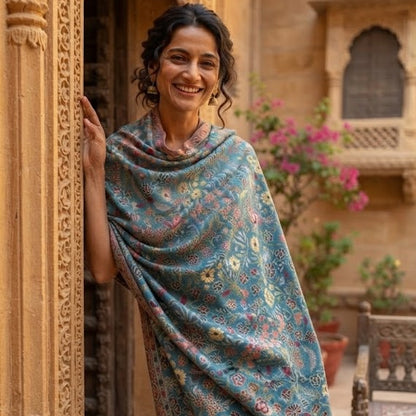 Peacock Blue Stole in Kani Weave