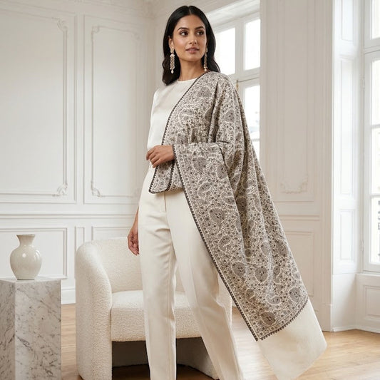 A woman stands in a bright, classic white room with wood floors, wearing a cream-colored outfit and a long beige shawl with a detailed brown floral pattern and dark trim.
