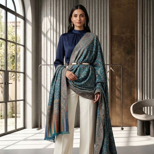 A woman stands indoors wearing a navy mock-neck top, cream wide-leg trousers, and a long patterned teal-blue shawl draped over her shoulders. The room has tall windowed walls, neutral columns, and a modern chair.