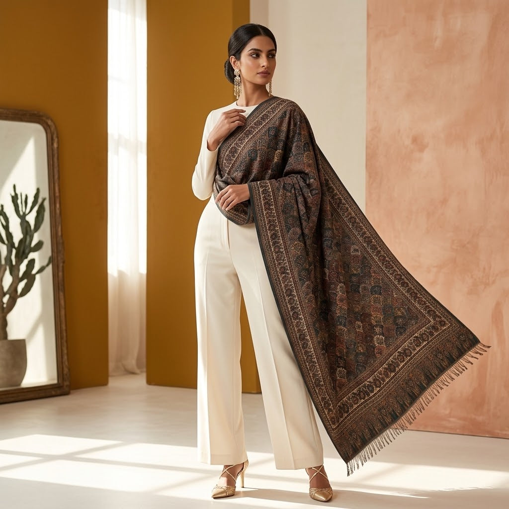 A woman models a dark brown shawl with intricate gold and beige patterns, draped over her shoulders and paired with white wide-leg trousers in a warm, modern interior setting.