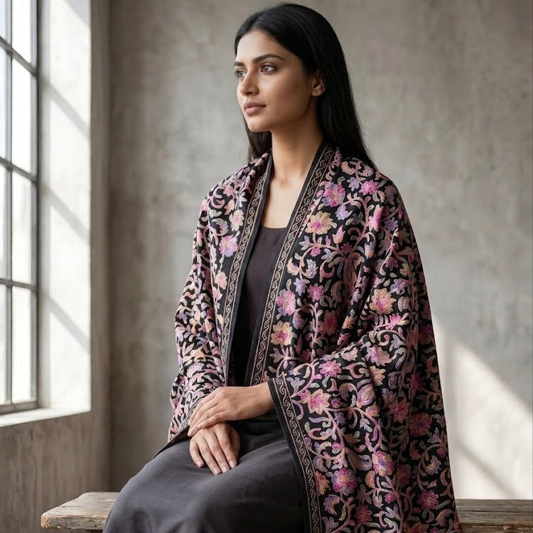 A woman seated on a wooden bench in a rustic room, wearing a dark charcoal gray dress and draped over her shoulders a large black embroidered shawl with pink and purple floral motifs and ornate border detailing.