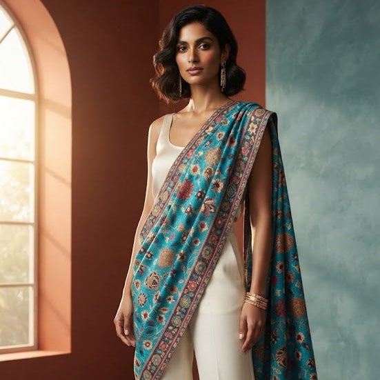 A woman models a cream-colored sleeveless jumpsuit with a vibrant turquoise blue patterned dupatta draped over her shoulder, set in a warm-toned room with a window and textured walls.