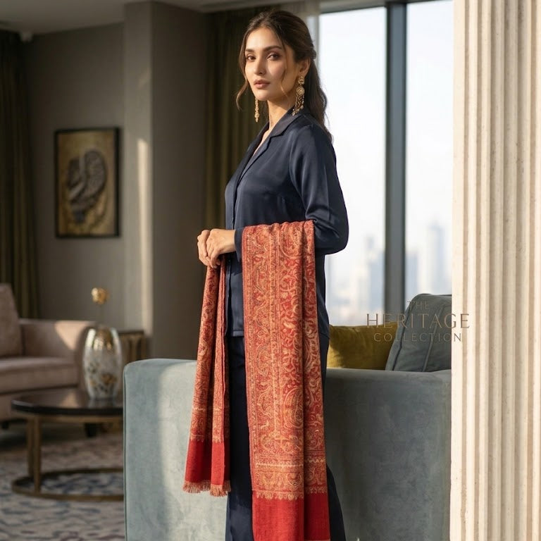 A woman models a navy blue three-piece salwar kameez suit with a red and gold patterned dupatta in a modern living room setting.