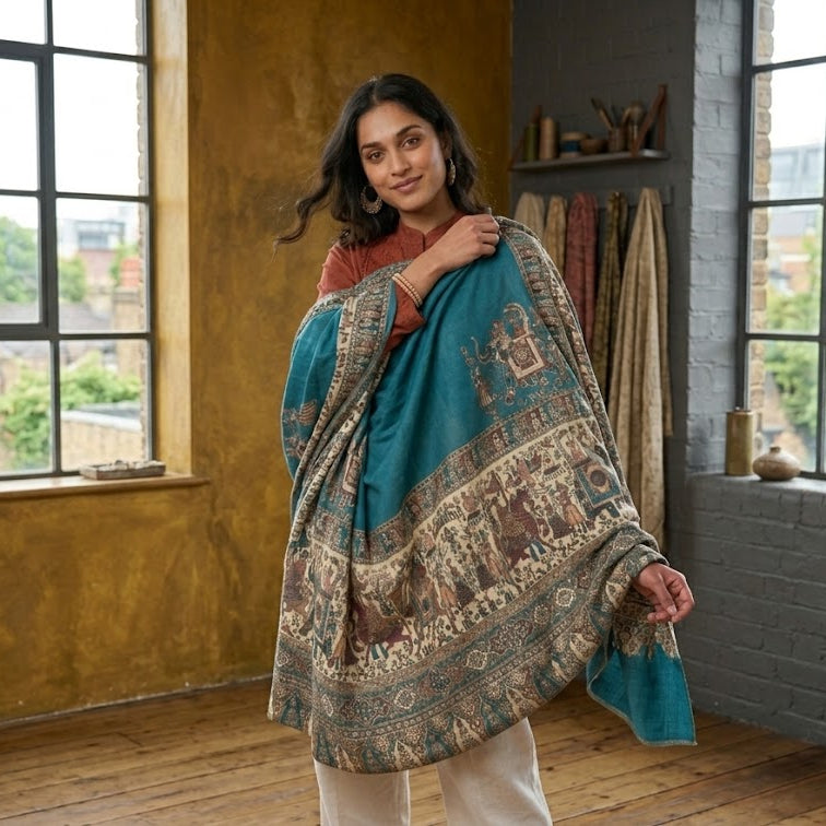 Teal Blue Kalamkari Wool Shawl - Double Border Paisley Design for Weddings & Gifting