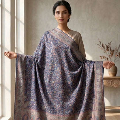 A woman stands indoors holding up a large patterned shawl or scarf. The fabric is navy blue with intricate floral and paisley motifs in dusty pink, beige, and muted gold, and has a decorative border along the bottom.