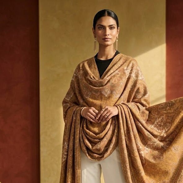 A woman models a luxurious draped shawl in a warm camel brown color with a subtle woven pattern, styled over a black top and white trousers in an elegant indoor setting.