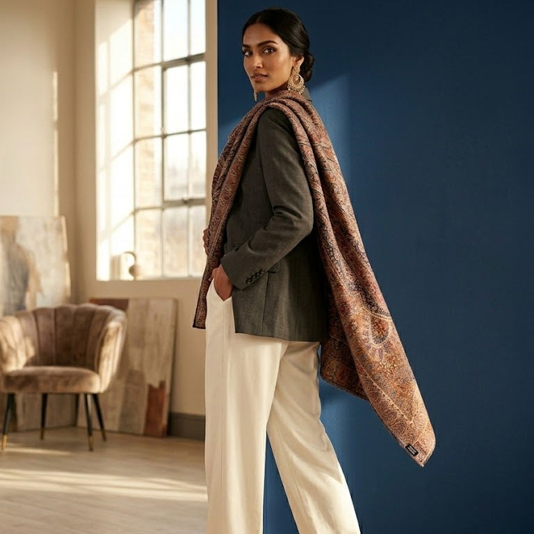 A woman stands in a styled indoor room wearing a dark gray blazer, white wide-leg trousers, black heels, and a patterned brown shawl draped over her shoulders. The background features a deep blue wall, a window with soft light, and a velvet armchair.