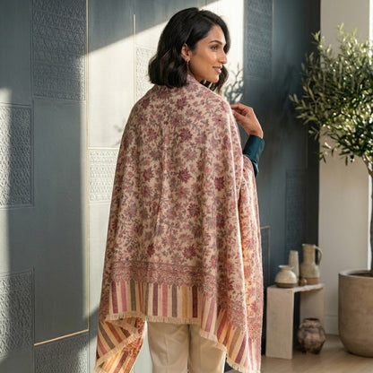 A woman wearing a beige and pink floral shawl with striped fringe over cream trousers, standing in a sunlit room with a dark paneled wall and a potted plant.