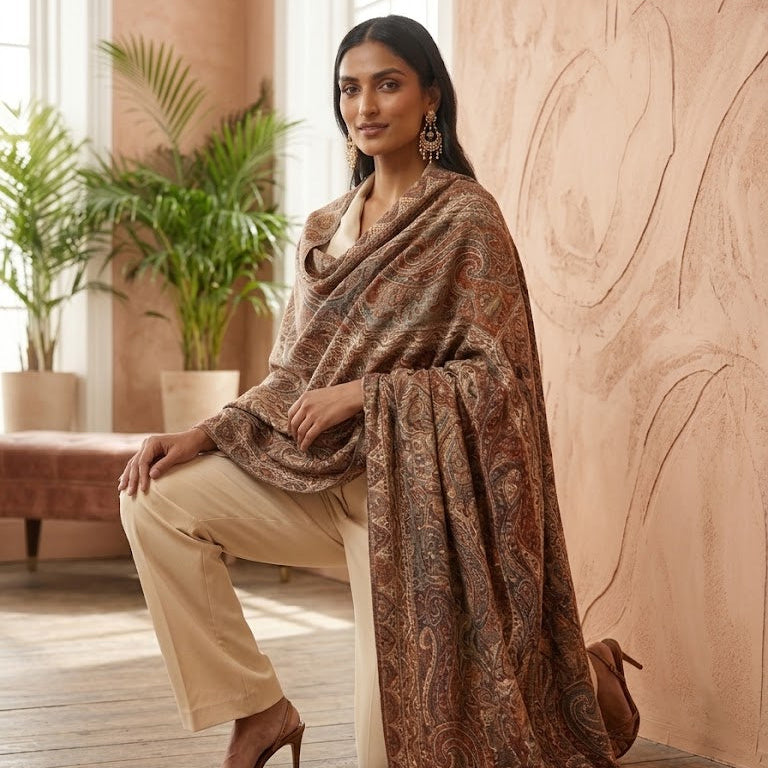 A woman sits indoors wearing a large brown paisley shawl draped over her shoulders, paired with beige pants and brown heels. The room has warm beige walls, a wooden floor, and potted plants in the background.