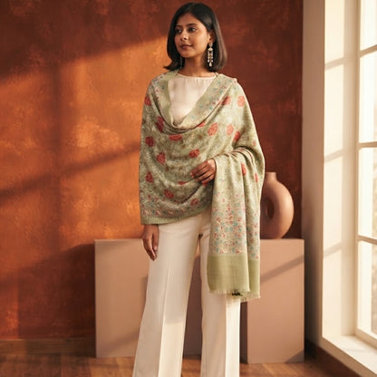 A woman models a light sage green shawl with a delicate pink and yellow floral pattern, draped over her shoulders over a white top and white wide-leg trousers, standing in a warm, sunlit room with a textured terracotta wall.