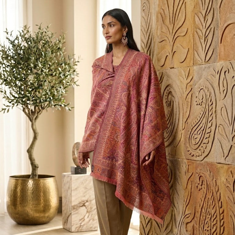 A woman models a dusty rose and rust-red patterned shawl draped over her shoulders, paired with beige trousers, standing in a warm, sunlit interior next to a carved wooden wall panel and a potted tree.