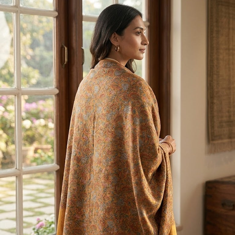 Mustard Yellow Sozni Jaal Embroidery Shawl