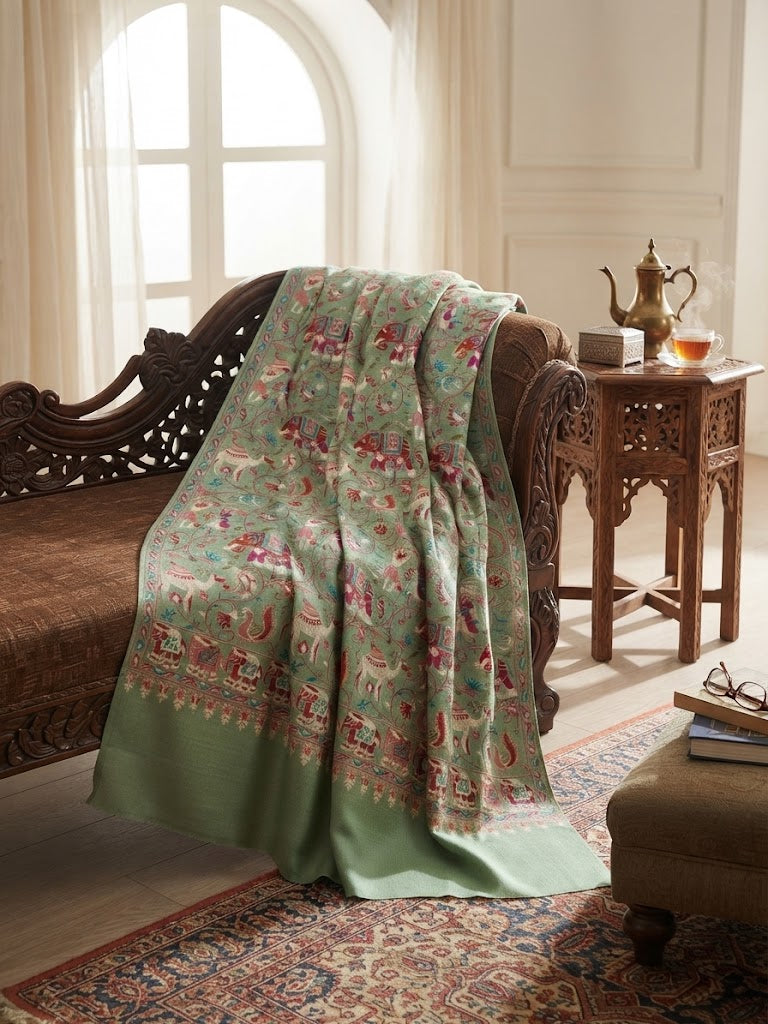 A sage green silk-like throw blanket with intricate red, pink, and gold floral and paisley patterns draped over a dark wooden chaise lounge in a sunlit, traditional room.