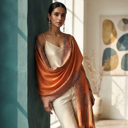 A woman models a warm orange shawl draped over her shoulders, paired with a cream satin camisole and matching cream trousers, standing in a modern interior setting with a teal column.