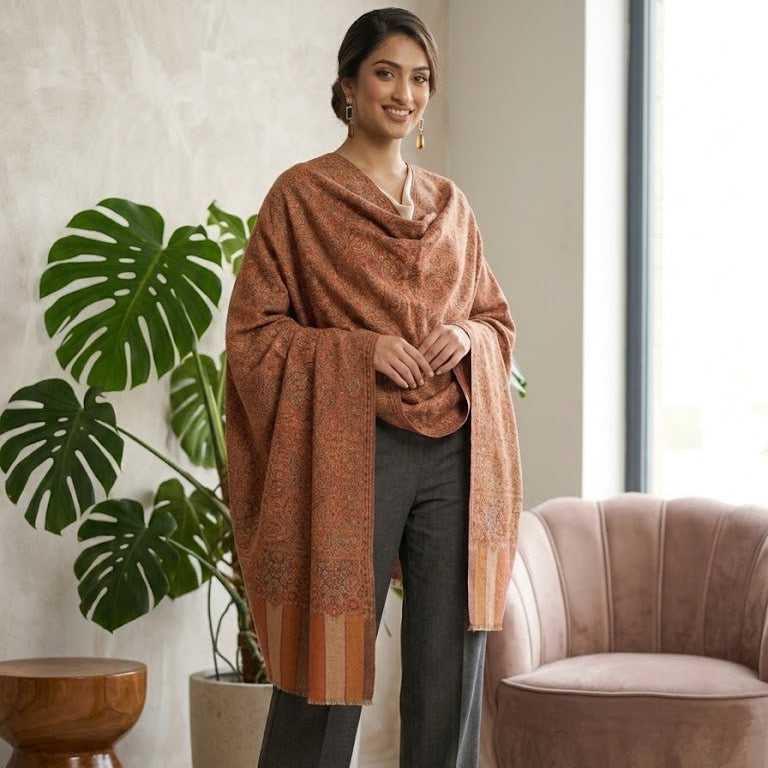 A woman models a rust-orange patterned shawl draped over her shoulders, paired with dark gray trousers, standing in a modern room with a potted monstera plant and a pink armchair.