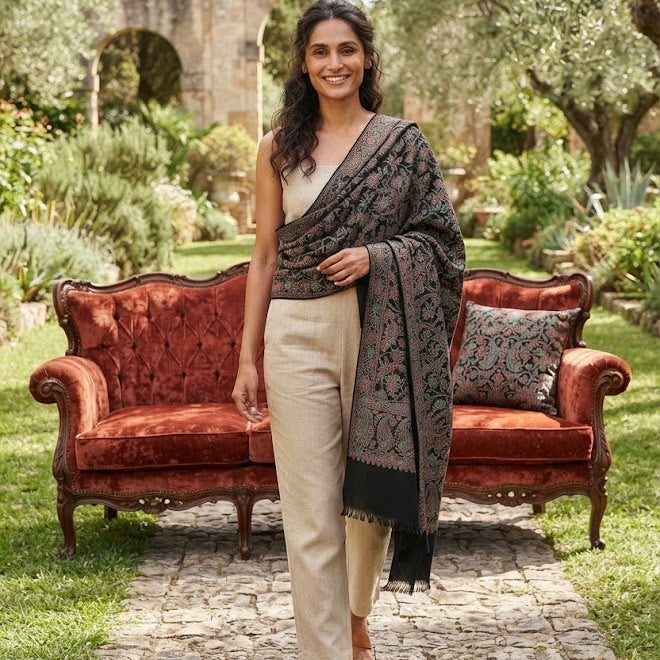 A woman stands on a stone path in a garden courtyard, wearing a beige top and trousers with a dark patterned shawl draped over her shoulders. Behind her are two rust-colored velvet armchairs and a stone archway surrounded by greenery.