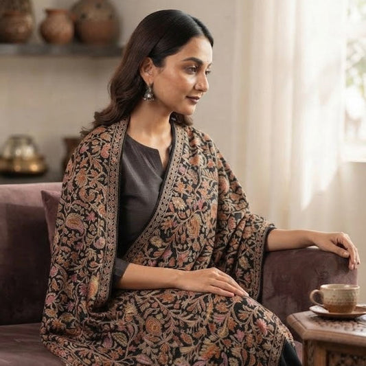 A woman sits on a brown velvet sofa wearing a black salwar suit with a brown shawl featuring intricate floral embroidery. She is posed in a warm, traditional room with a wooden side table and a patterned rug.