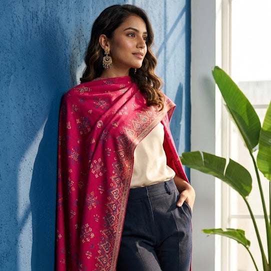 A woman models a vibrant magenta pink shawl with intricate gold and silver patterns, styled over a cream top and navy blue trousers, leaning against a textured blue wall next to a potted plant.