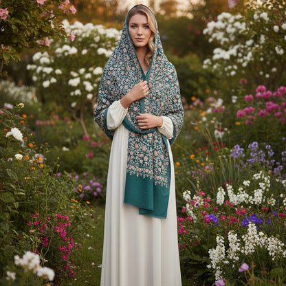 Woman in a white dress and floral shawl standing in a garden with colorful flowers.