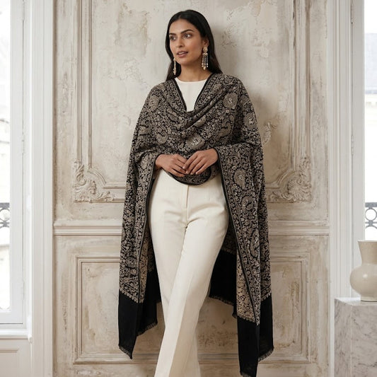 A woman stands indoors against a decorative cream paneled wall, wearing a black and beige patterned shawl draped over her shoulders, white pants, and white heels.