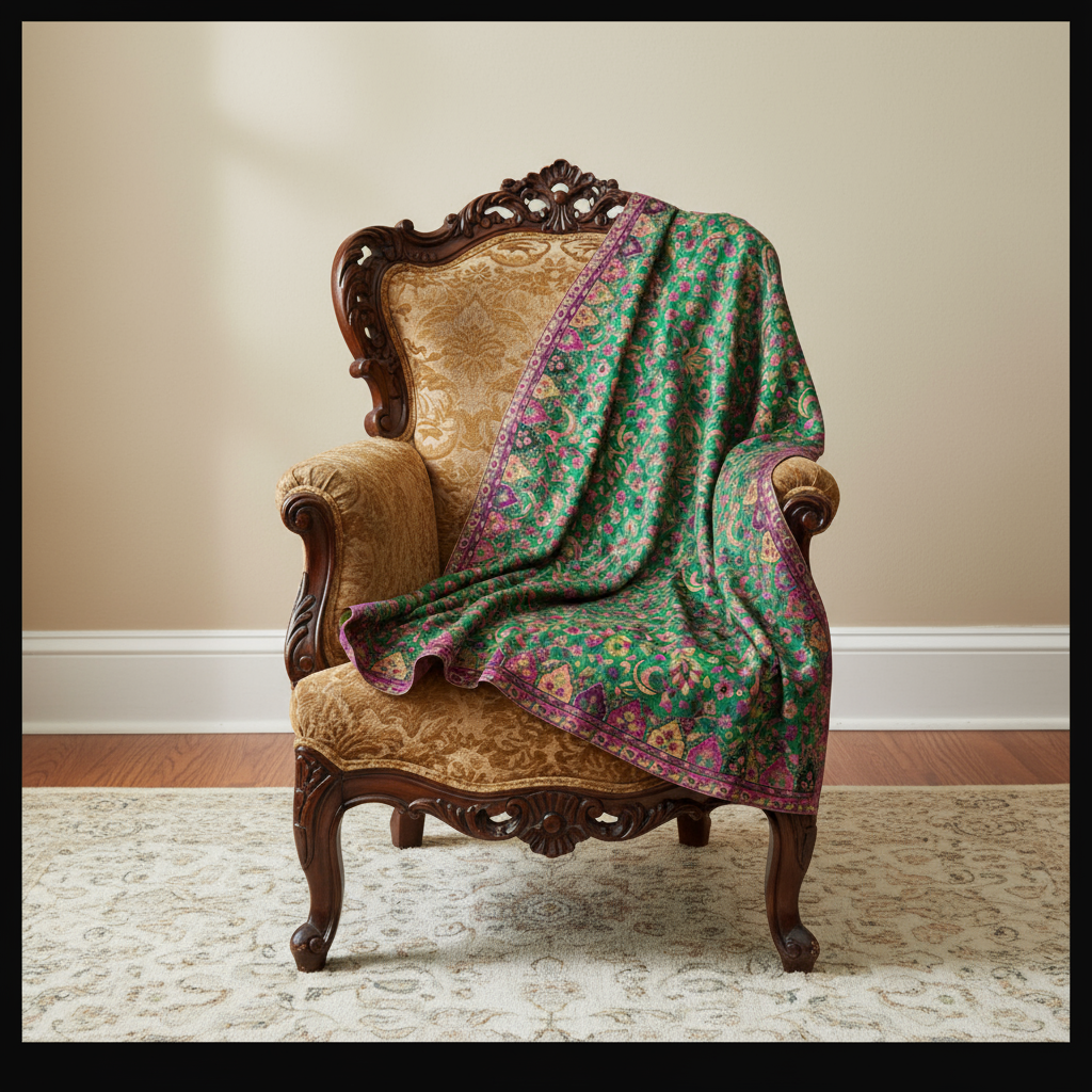 Decorative green and pink patterned shawl draped over an ornate brown armchair against a beige wall.