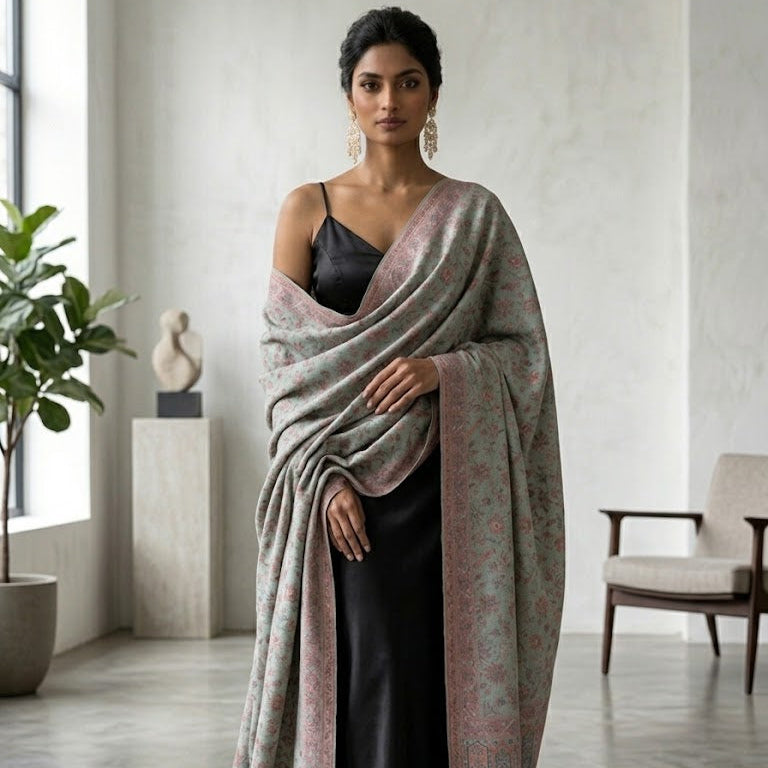 A woman stands in a bright, modern room wearing a long, draped shawl over a black dress. The shawl has a soft, muted color palette of dusty pink, sage green, and gray with a subtle floral pattern and a fringed edge.