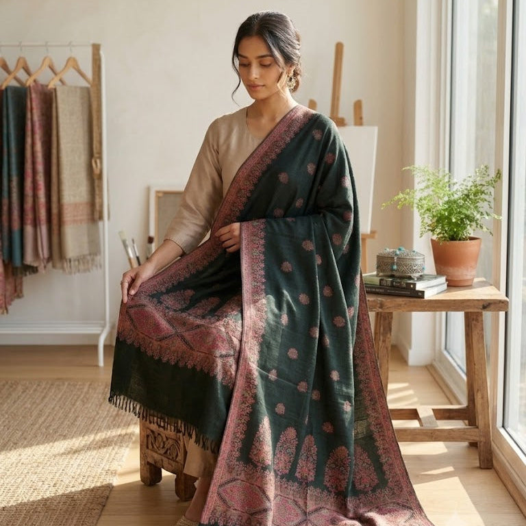A woman models a dark green and dusty pink patterned shawl over a beige kurta in a bright, sunlit room with wooden floors, a small plant on a table, and other shawls hanging on a rack in the background.