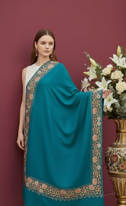 Women’s Wool Shawl - Pure Tilla Embroidery Border - Dark Blue