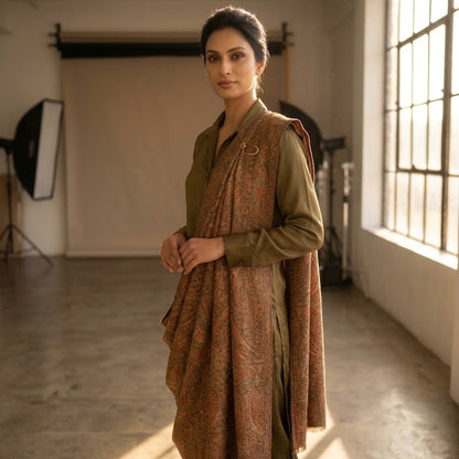 A woman stands in a sunlit studio wearing a traditional outfit with an olive green kurta and pants, a matching olive green vest, and a draped brown patterned shawl over a rust-orange paisley shawl.