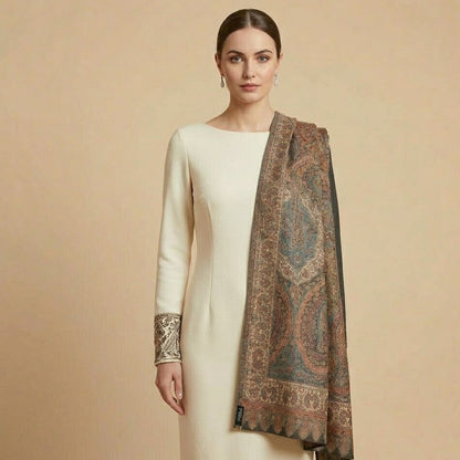 Woman wearing a cream dress with a patterned scarf on a beige background