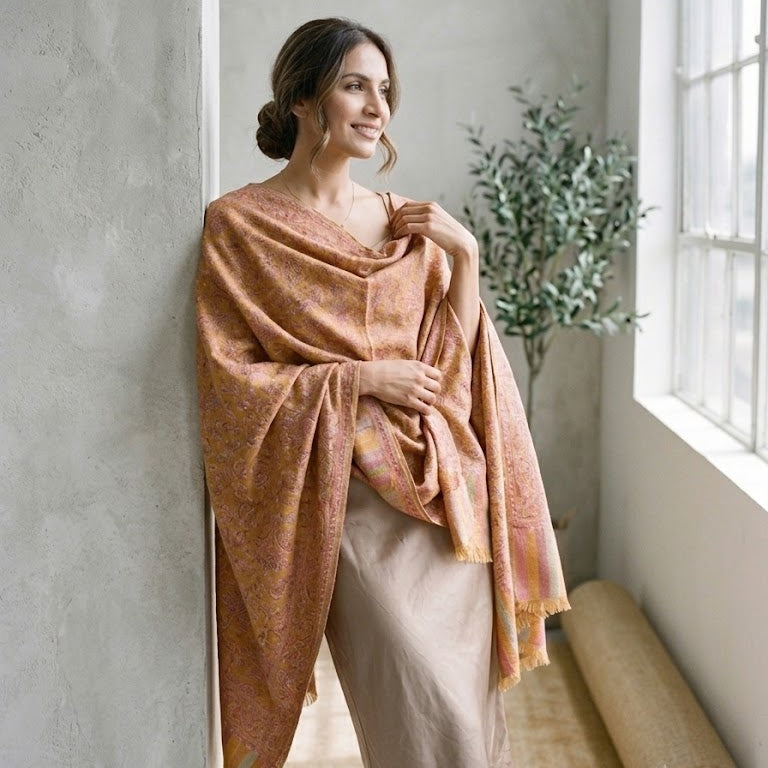 Silk Wool Kani Jamawar Shawl showcased on a female model