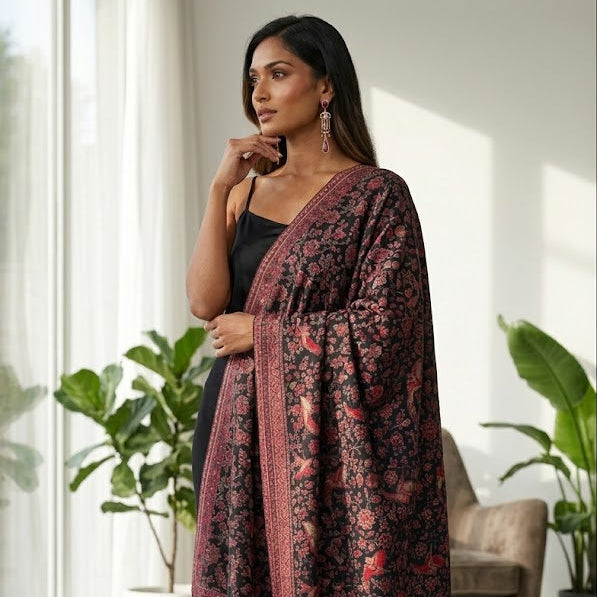 A woman models a dark red and black floral patterned shawl draped over her shoulders, paired with a black top and wide-leg black trousers in a bright, modern room with indoor plants.