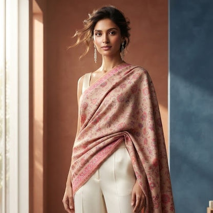 A woman models a draped pink and beige patterned shawl over a sleeveless top and cream wide-leg trousers in a modern interior setting with warm and cool wall panels.