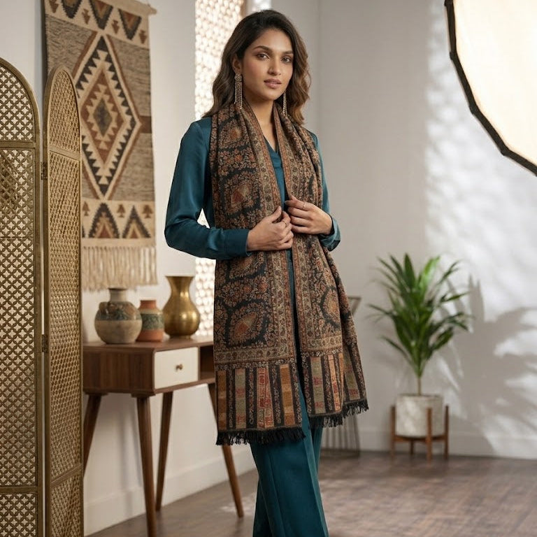 A woman models a long, patterned shawl draped over a teal kurta and flared trousers in a styled indoor room with wooden floors, a table, and wall decor.